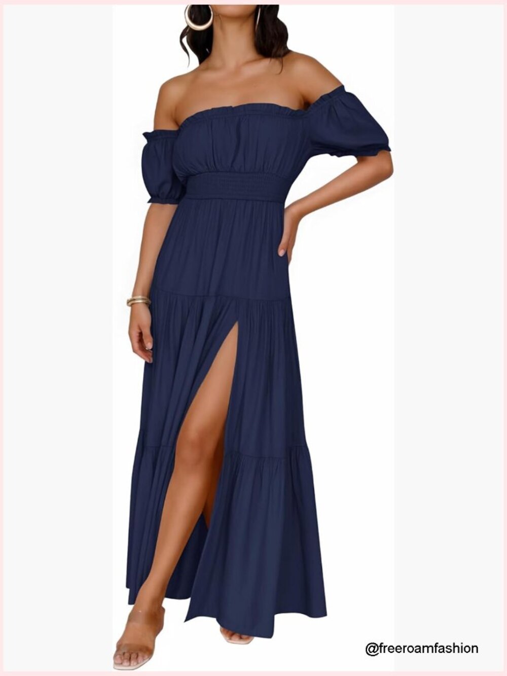 Off Shoulder Maxi Dress with Pockets Flowy A-Line Side Split Wedding Guest